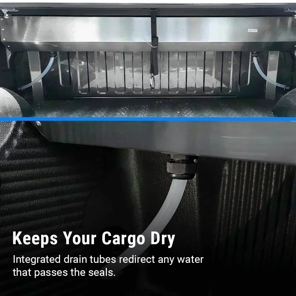 syneticusa Retractable Tonneau Cover  drainage system and stainless steel canister