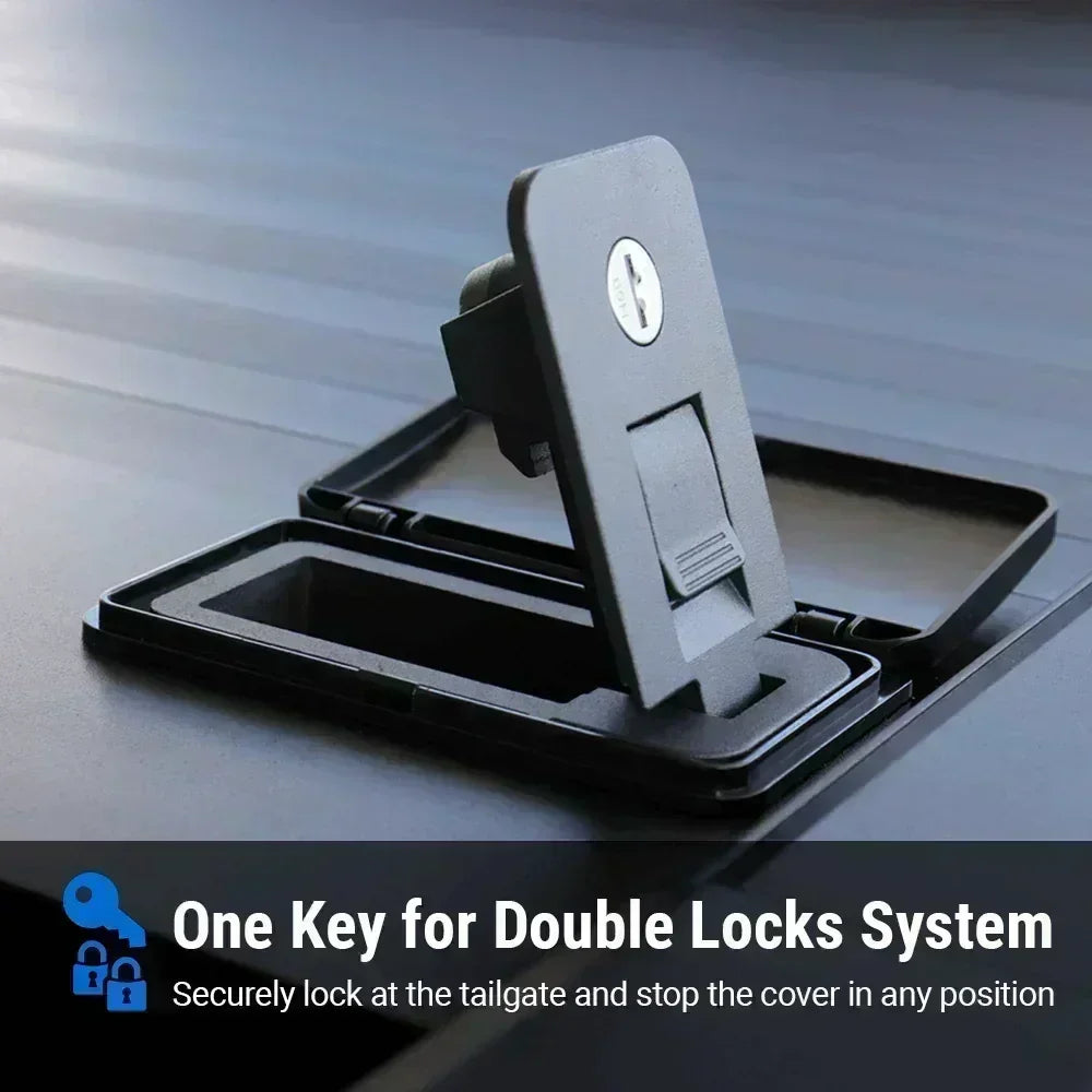 close up look on syneticusa manual retractable tonneau cover lock, one key for double lock system
