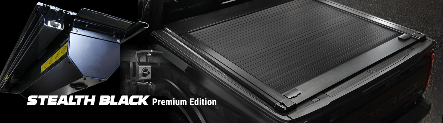 Stealth Black premium edition truck bed cover on a black background