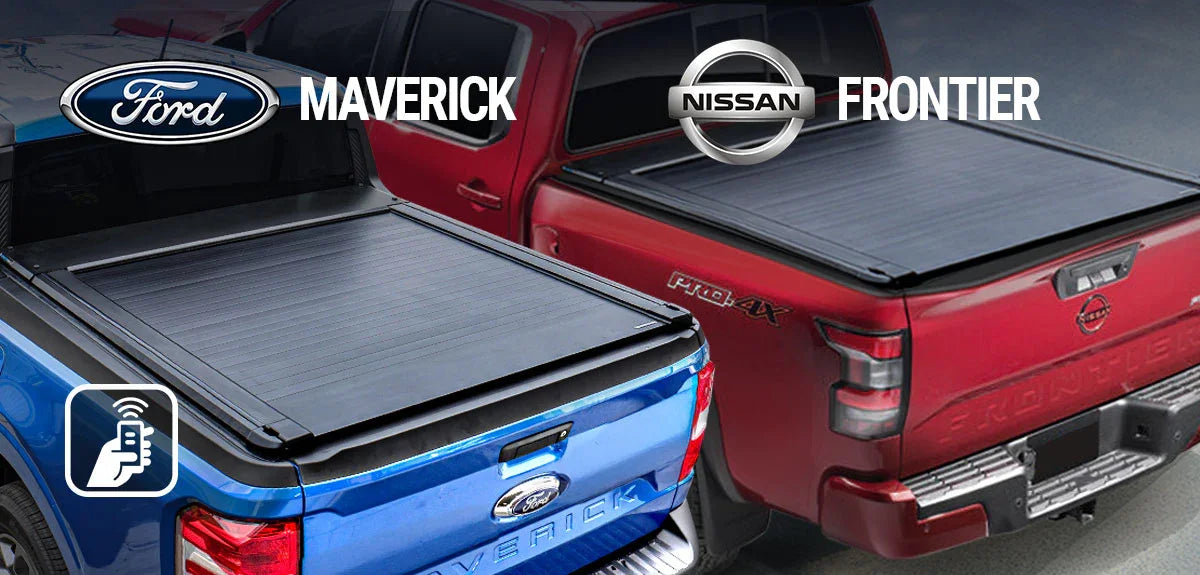 Two pickup trucks with Ford Maverick and Nissan Frontier branding on their beds.