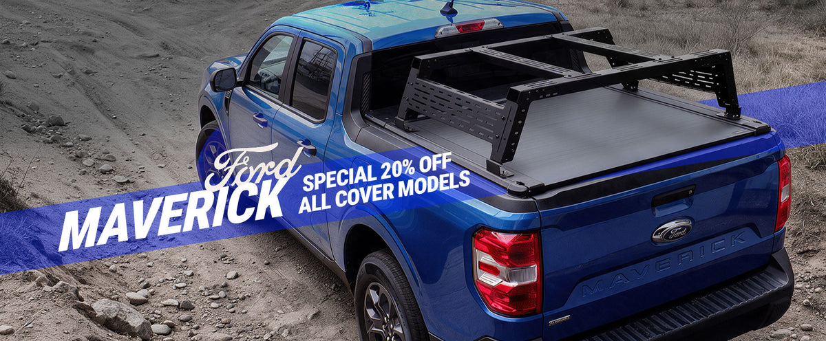 A blue Ford Maverick pickup truck outdoors on sandy terrain, shown from the rear three-quarter angle with a black tonneau cover installed on the bed. Large text reads 'SALES', 'SPECIAL 20% OFF', and 'ALL COVER MODELS FORD MAVERICK'.