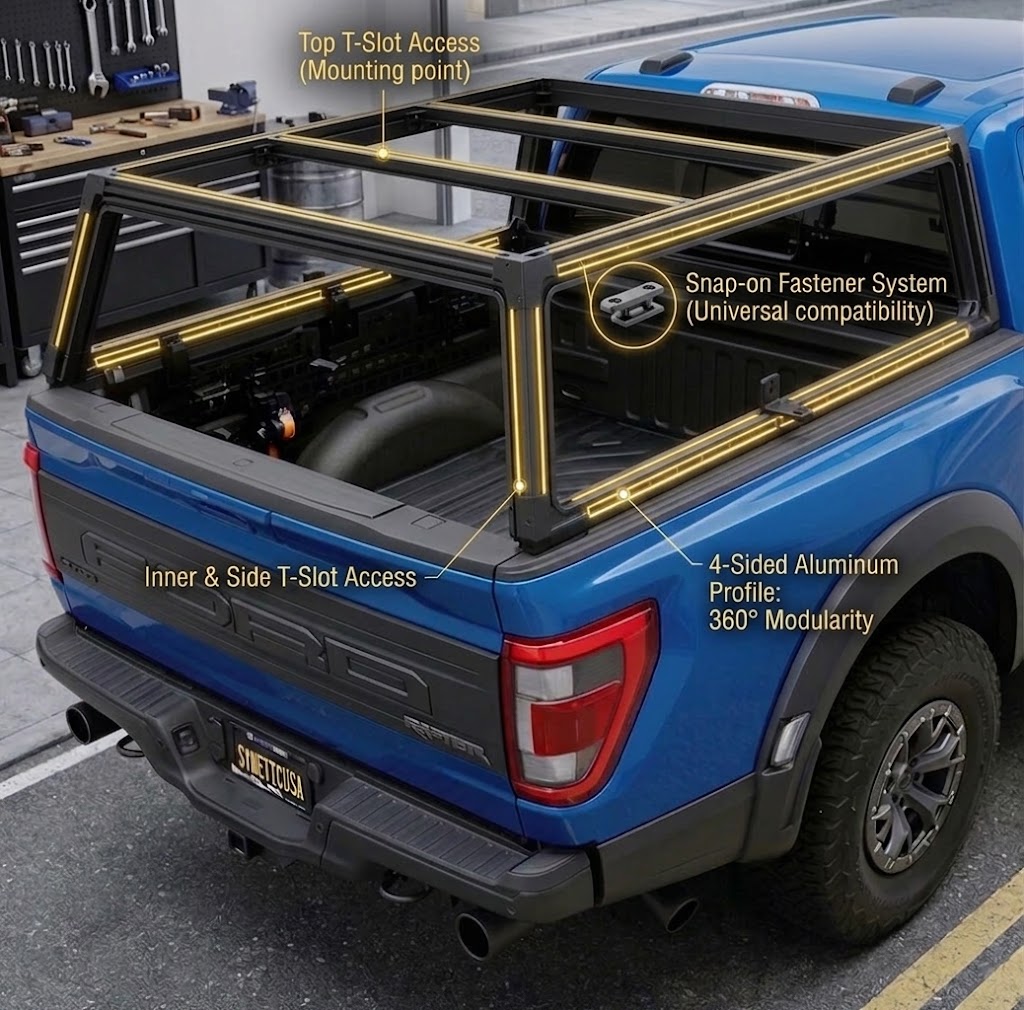 Blue pickup truck in a garage with a black T-slot cargo rack system installed over the bed, shown with callout labels explaining mounting points, snap-on fastener system, inner and side T-slot access, and aluminum profile modularity.