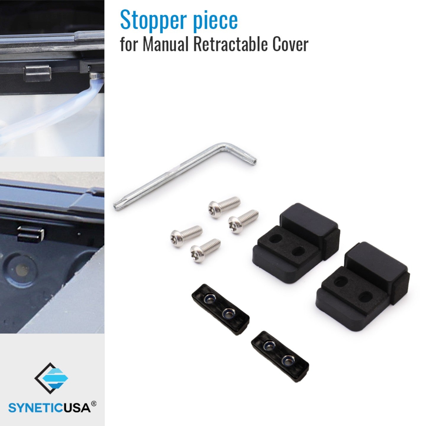 Stopper piece for manual retractable cover with hardware components on a white background, featuring the SyneticUSA