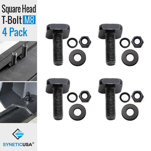 Four powder coat T-bolts with washers and nuts on a white background, with SYNETICUSA branding.