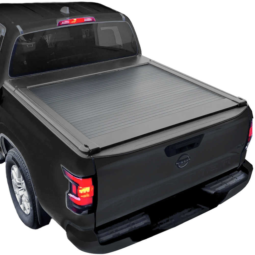 Black Frontier pickup truck with a AR retractable PRO tonneau cover on a white background