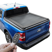 Blue Ford Maverick truck with a tonneau cover and a hand holding a key fob.