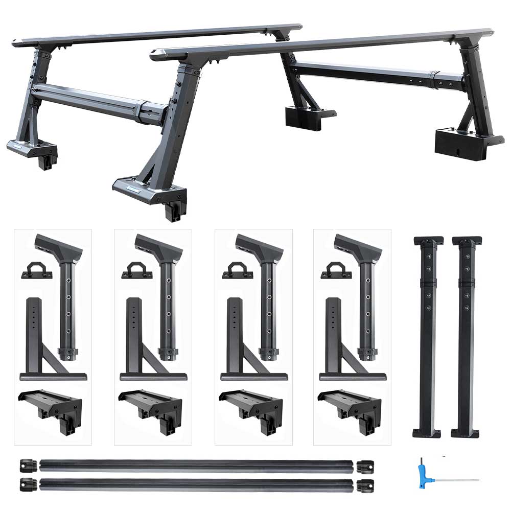 Set of black aluminum part syneticusa roof rack components on a white background