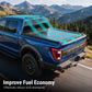 A blue pickup truck driving on a mountain road with a tonneau cover in the bed. A translucent teal graphic overlay highlights the cover, with text at the bottom reading 'Improve Fuel Economy' and 'Effectively reduce wind resistance.