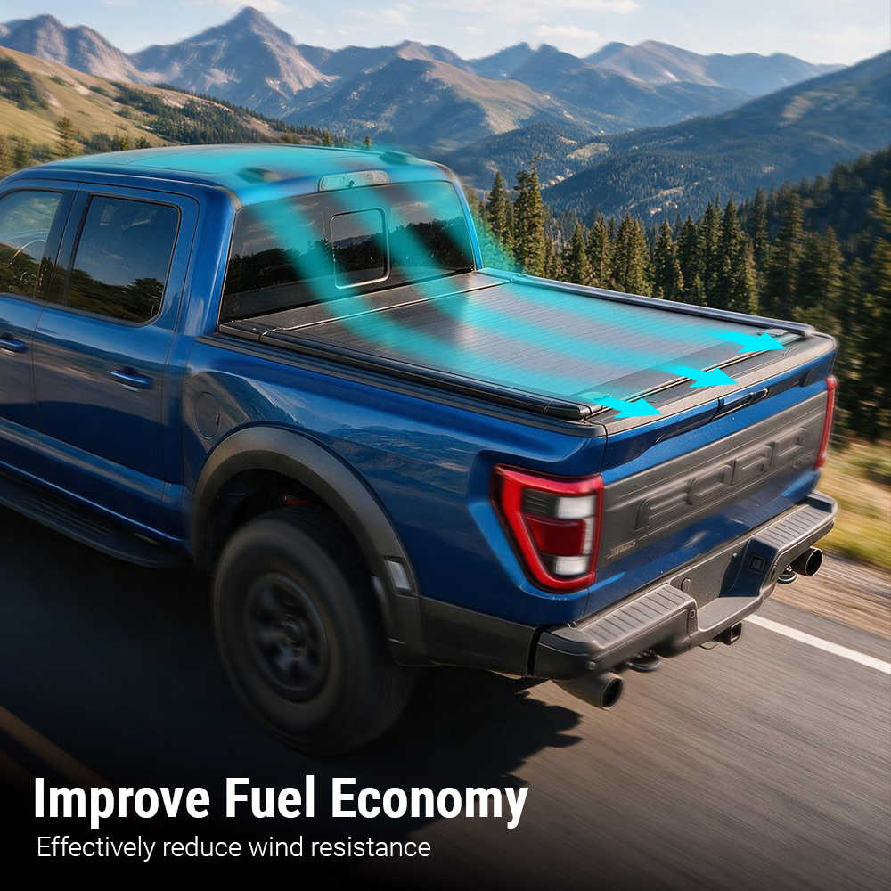 A blue pickup truck driving on a mountain road with a tonneau cover in the bed. A translucent teal graphic overlay highlights the cover, with text at the bottom reading 'Improve Fuel Economy' and 'Effectively reduce wind resistance.
