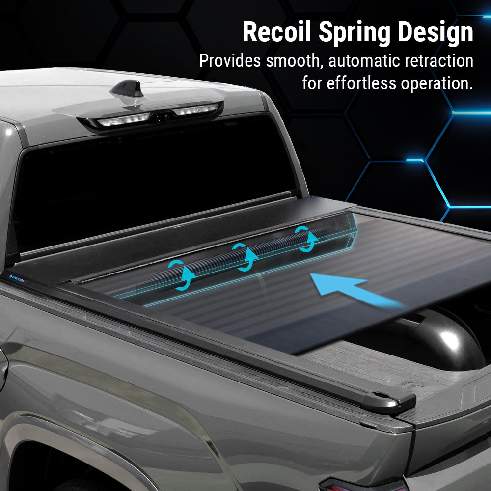 Truck bed cover with recoil spring design illustration on a dark background