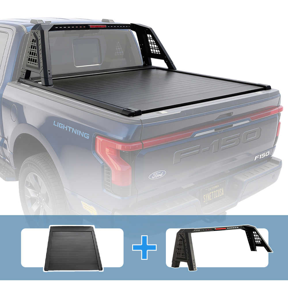 Ford F-150 truck bed with tonneau cover and sport bar roll bar on a white background