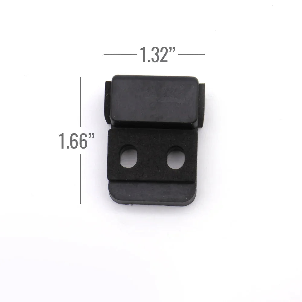Black plastic block with dimensions labeled on a white background
