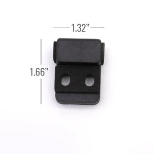 Black plastic block with dimensions labeled on a white background