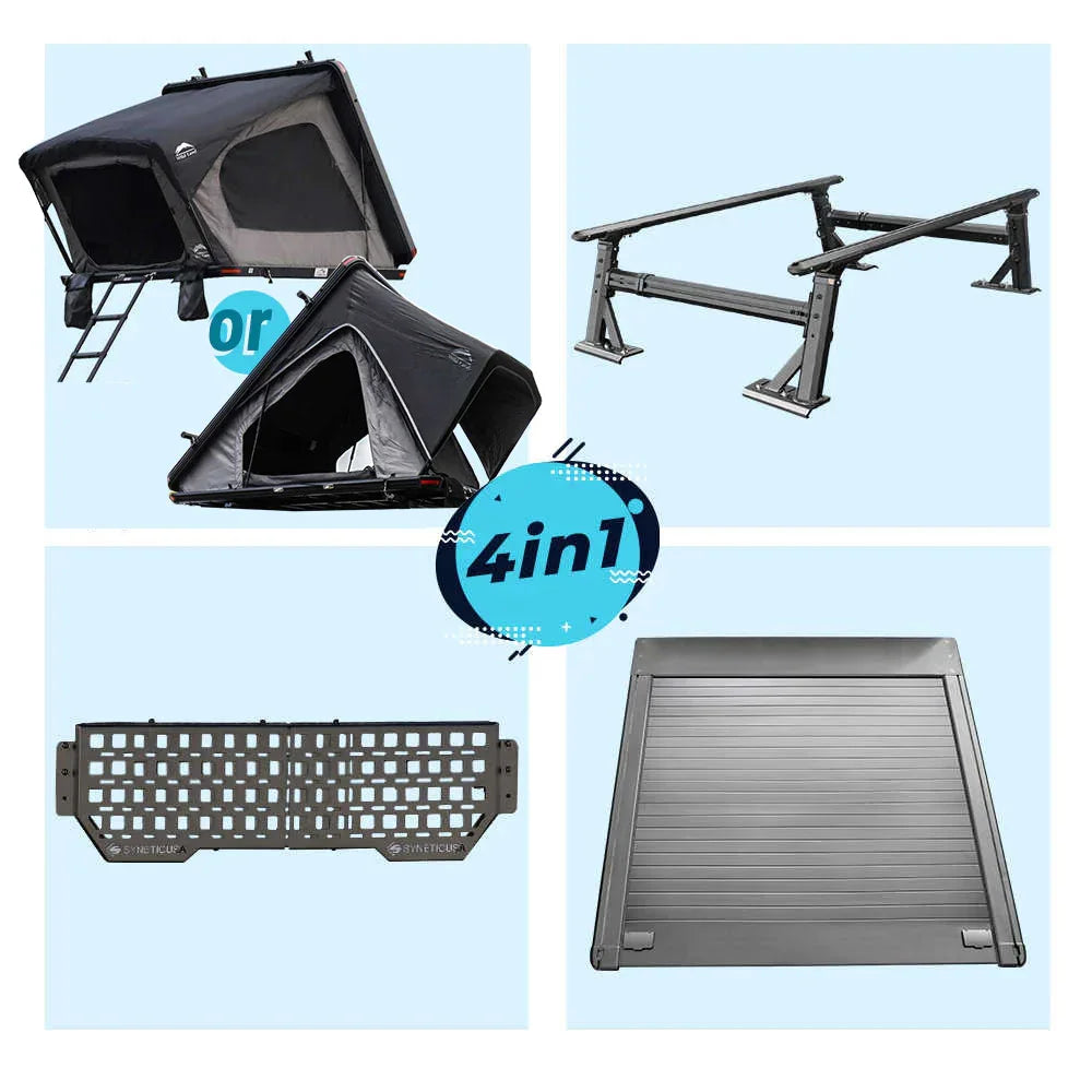 collection of four roof rack components with a '4in1' on a light blue background.