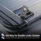 Close-up of a black hardtop tailgate cover with a latch release mechanism and a key fob inserted, plus text reading 'One Key for Double Locks System' and 'Securely lock at the tailgate and stop the cover in any position.'.
