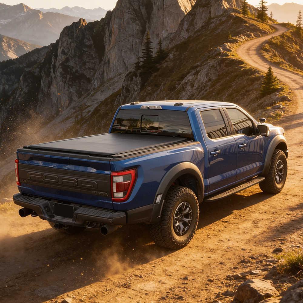 Blue Ford truck driving on a dirt road with mountains in the background