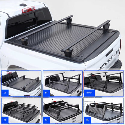 Black truck bed cover with crossbars shown installed on the bed of a white Colorado truck, plus six smaller inset views showing different mounting configurations labeled CB, R1, R1+SP, E2, R3, and N6.