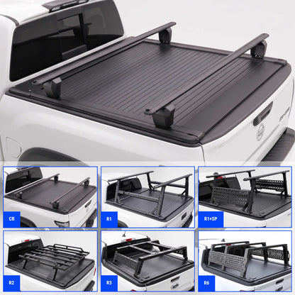 Black truck bed cover with crossbar shown installed on a white Frontier truck, plus six smaller inset views showing different rack configurations labeled CB, R1, R1+SP, R2, R3, and R6.