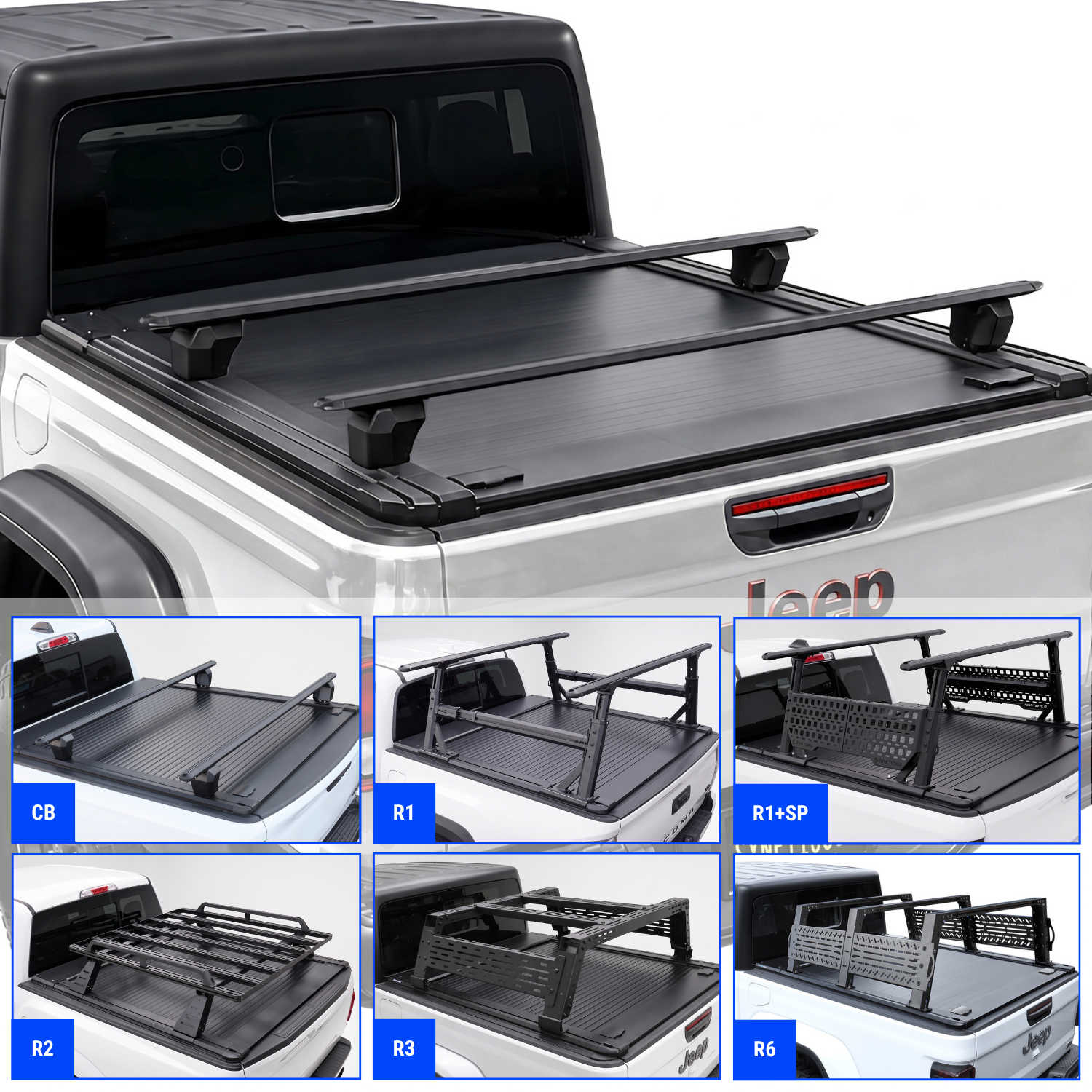 SYETIC USA tonneau cover with crossbar shown installed on a white Jeep Gladiator truck, plus six smaller inset views showing different cover configurations labeled CB, R1, R1+SP, R2, R3, and R6.