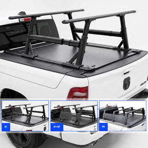 Black truck bed cover with integrated r1 ladder rack, shown installed on the bed of a white rambox truck. Three smaller inset views at the bottom show different bed configurations labeled R1, R1+6P, and R6.