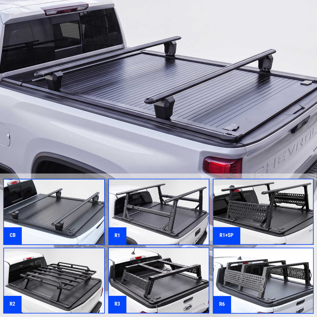 Black truck bed cover rack system shown installed on the bed of a white Silverado 2500HD truck, with six smaller inset diagrams below showing different configurations labeled CB, R1, R1+SP, E2, R3, and N6.