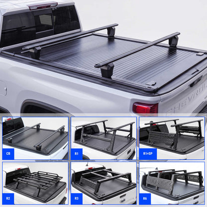 Black truck bed cover rack system shown installed on the bed of a white Silverado 2500HD truck, with six smaller inset diagrams below showing different configurations labeled CB, R1, R1+SP, E2, R3, and N6.
