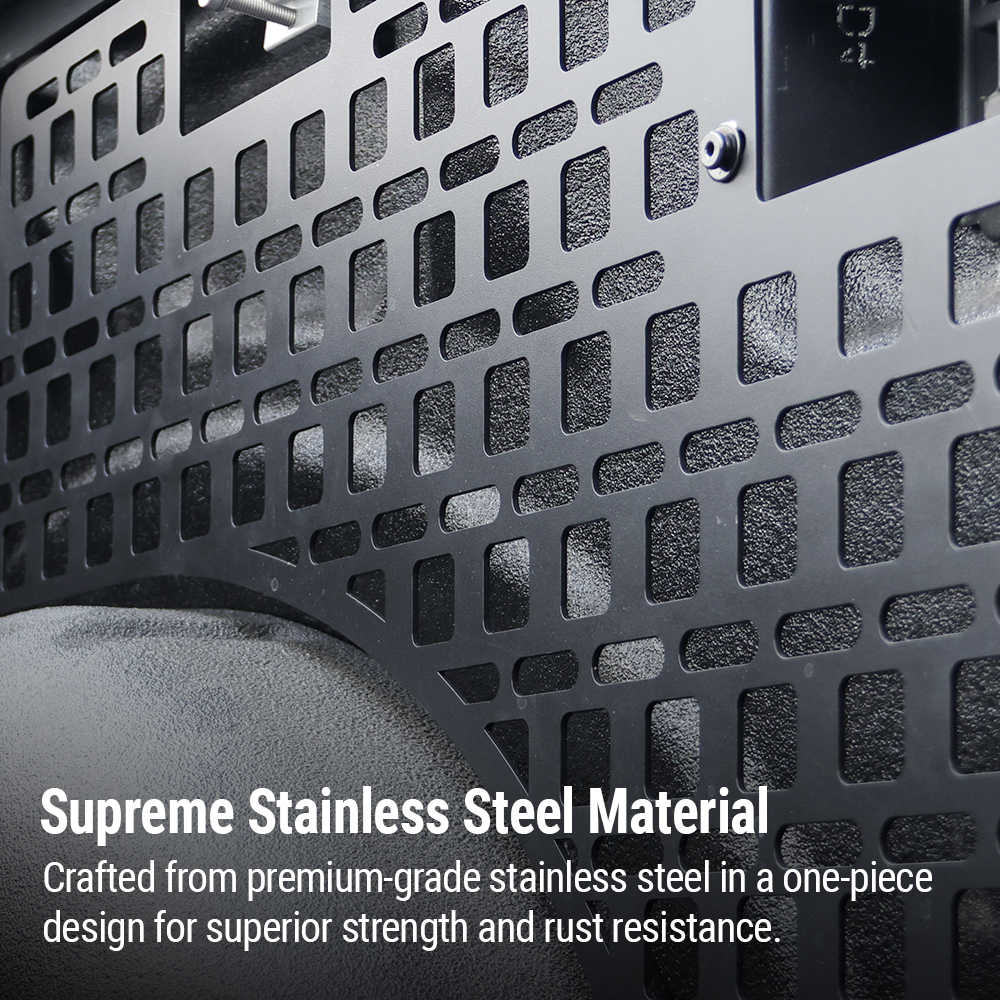 Metallic bedside molle panel with text highlighting durable aluminum construction