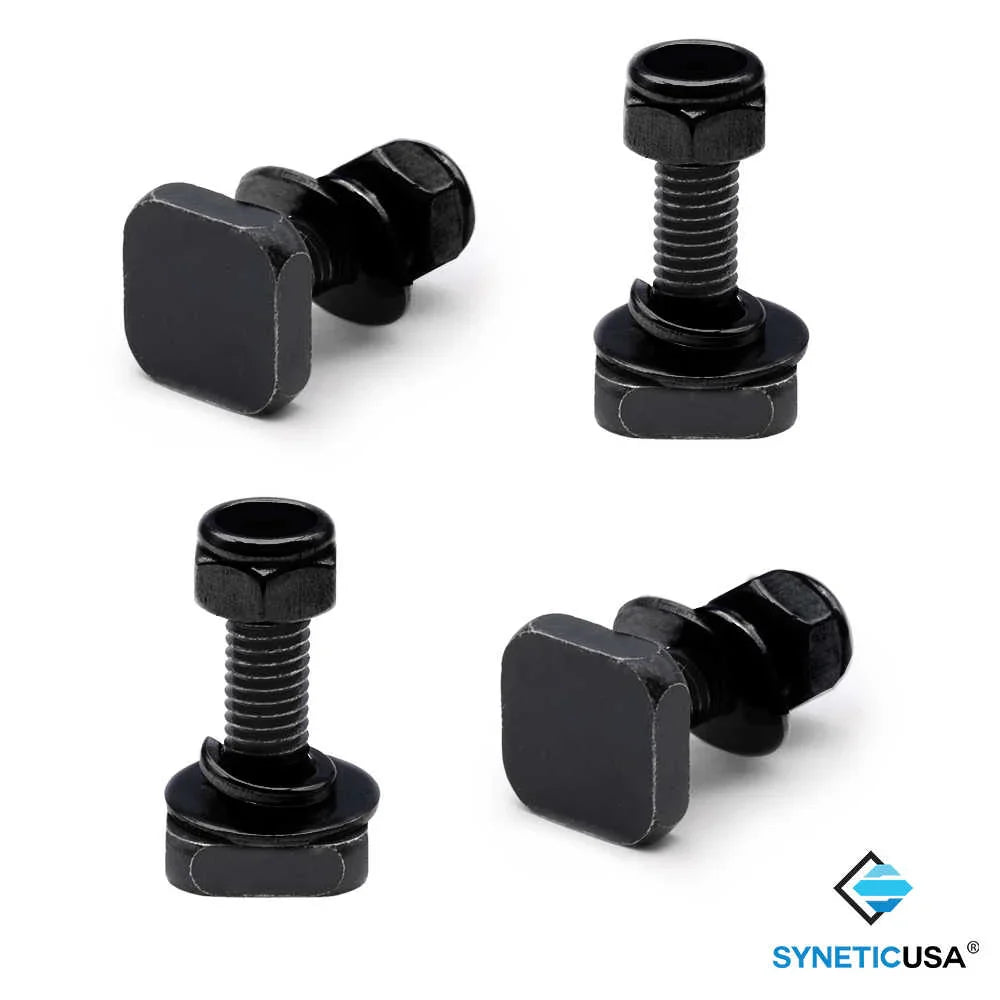 Four black powder coat metal screws on a white background with SYNETICUSA logo.