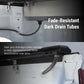 Dark drain tubes on a vehicle with text highlighting their fade-resistant properties.