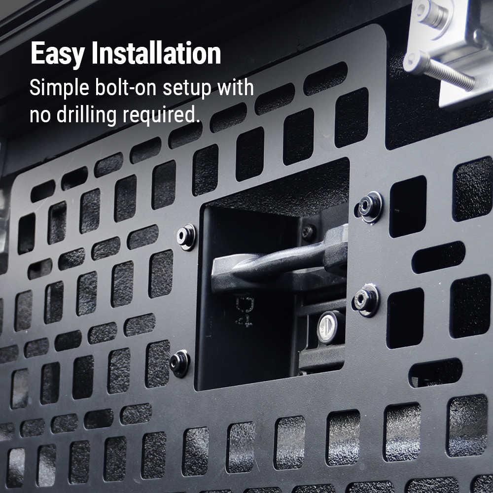 stainless steel bedside molle panel with bolts and text indicating easy installation without drilling