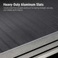 Close-up of dark gray to black aluminum slats with a metallic frame edge, overlaid with the text 'Heavy-Duty Aluminum Slats' and a descriptive feature callout.