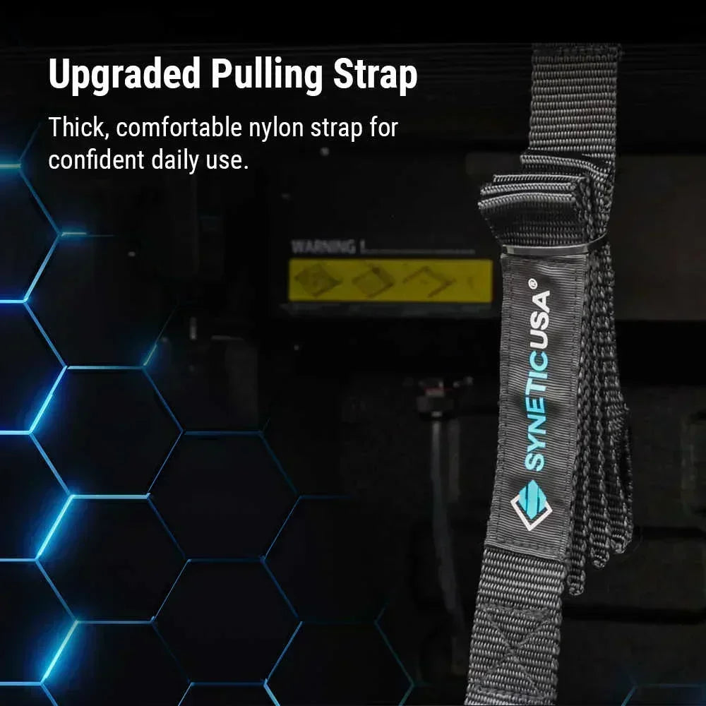 SYNETICUSA upgraded pulling strap with text on a dark background