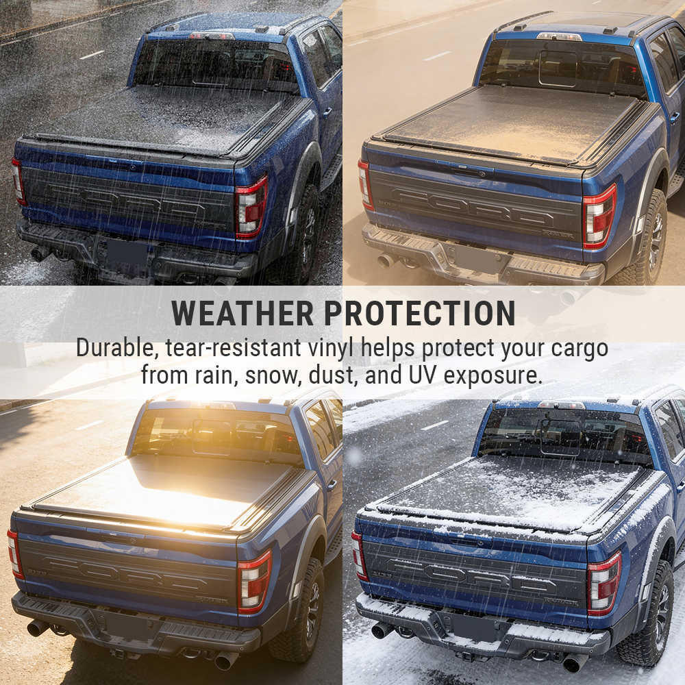 syneticusa soft roll up tonneau cover on a truck with text highlighting weather protection features.