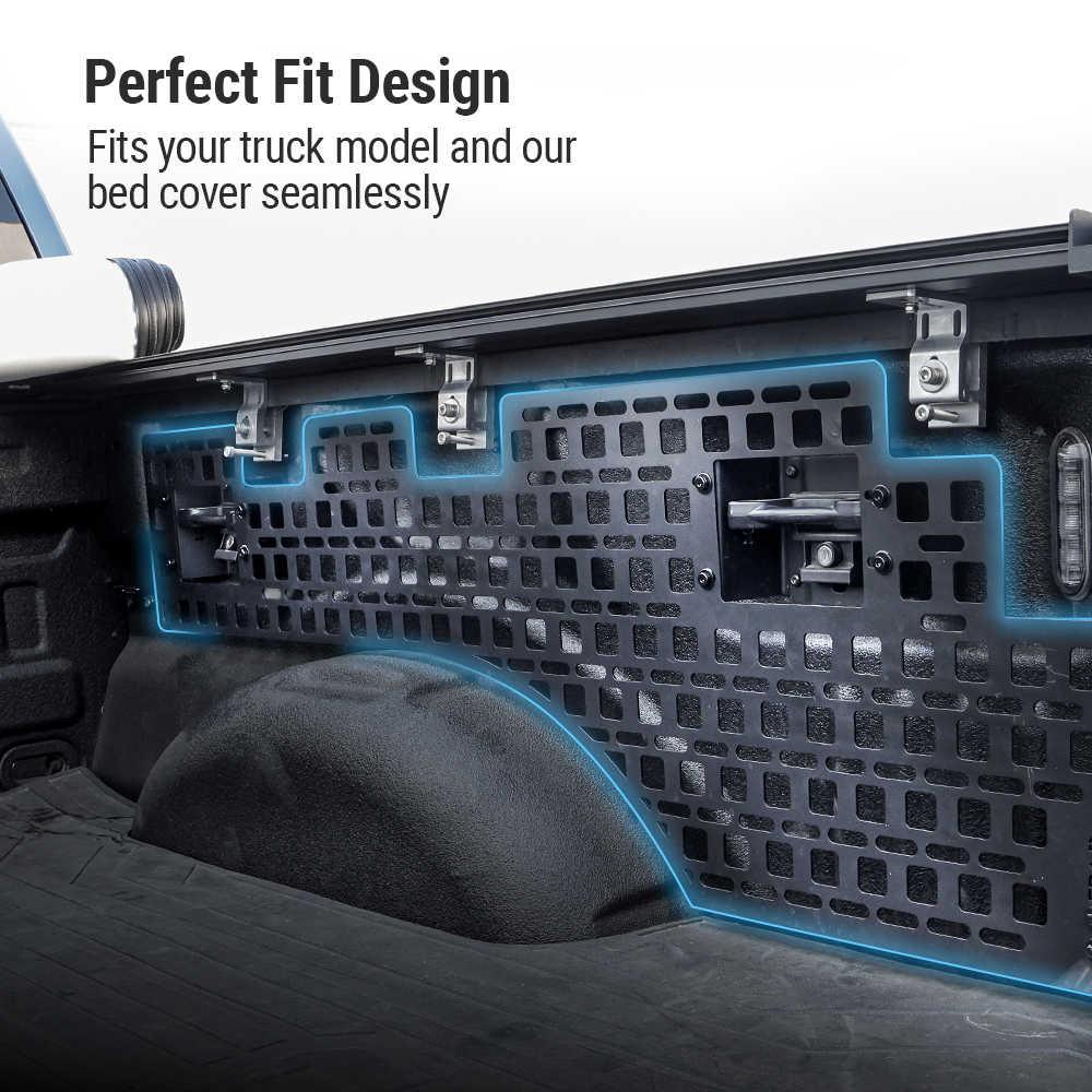 Truck bedside panel with 'Perfect Fit Design' text and visual of cover fitting snugly.