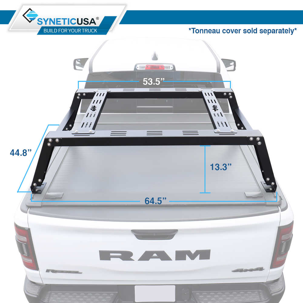 Truck bed cover system with dimensions labeled on a white truck, featuring SYNETICUSA branding.