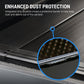 Close-up of a black canister or container with integrated strip brushes and a blue circular inset showing the brush detail, with text reading 'ENHANCED DUST PROTECTION' and a descriptive callout.