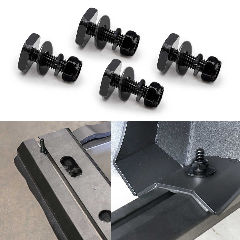 Black screws on a white background with metal brackets and screws in use.
