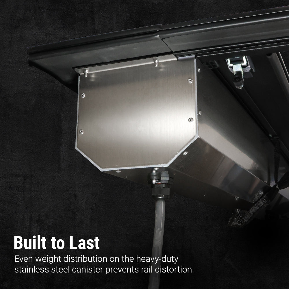 Heavy-duty stainless steel canister with text on a dark background