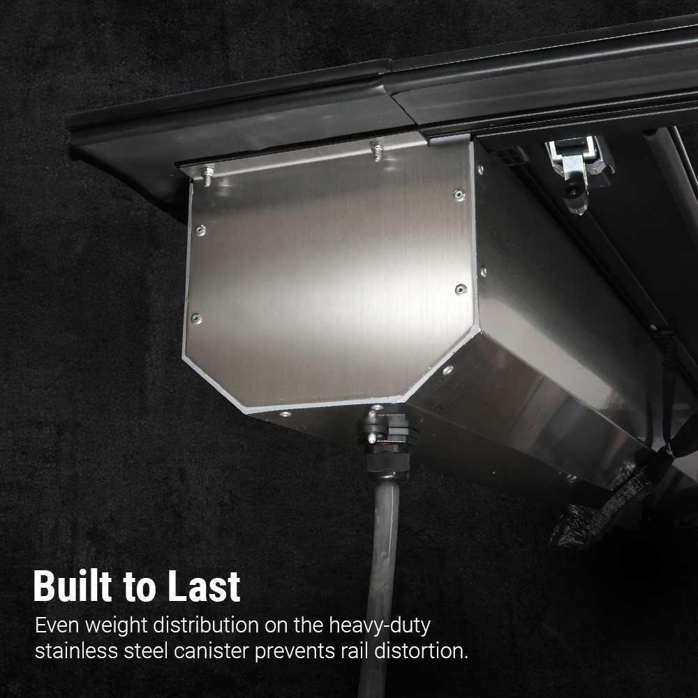 Heavy-duty stainless steel canister with text on a dark background