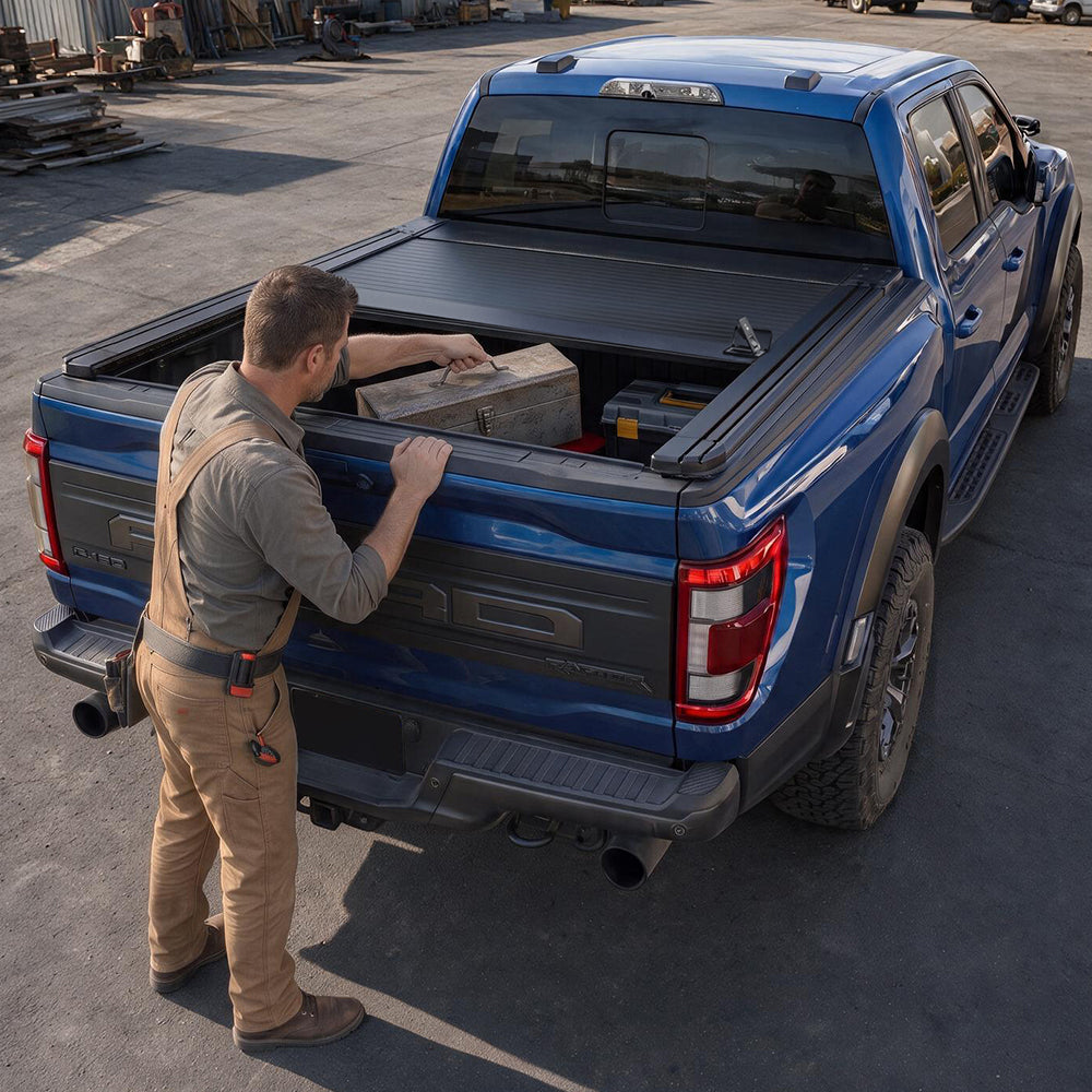 A man in work clothes stands beside a blue pickup truck in an outdoor lot, reaching into the bed where a black tonneau-style bed cover is installed. The truck tailgate shows a large '10' badge.