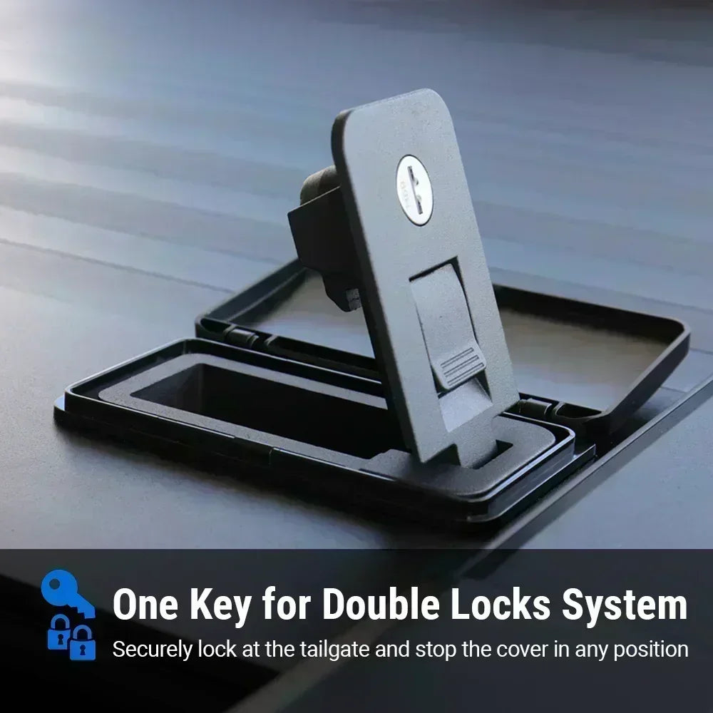 close up look on syneticusa manual retractable tonneau cover lock, one key for double lock system