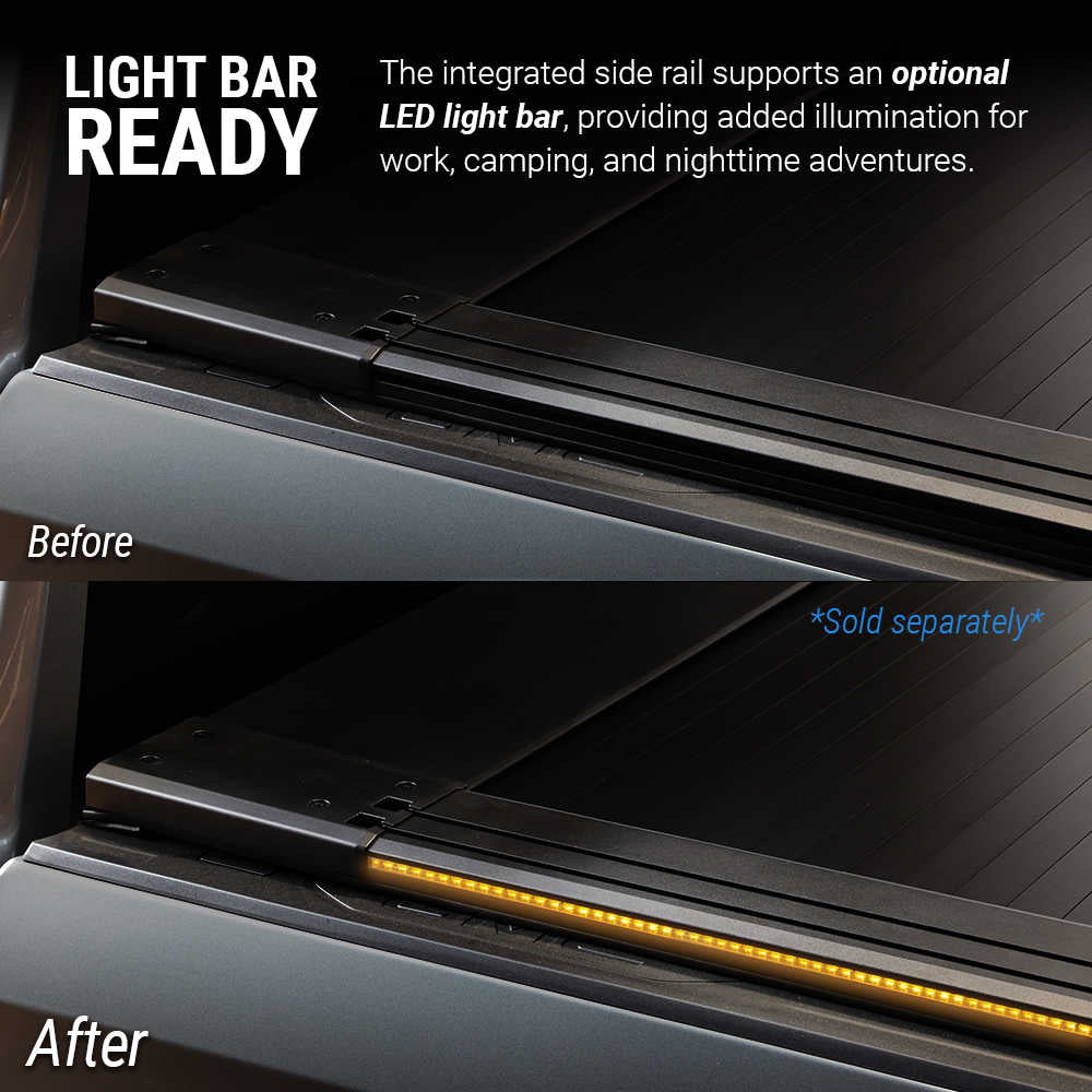 Before-and-after comparison showing an optional LED light bar mounted on the side rail of a black step ladder or deck rail. The top image is labeled 'Before' and shows no illuminated light bar.
