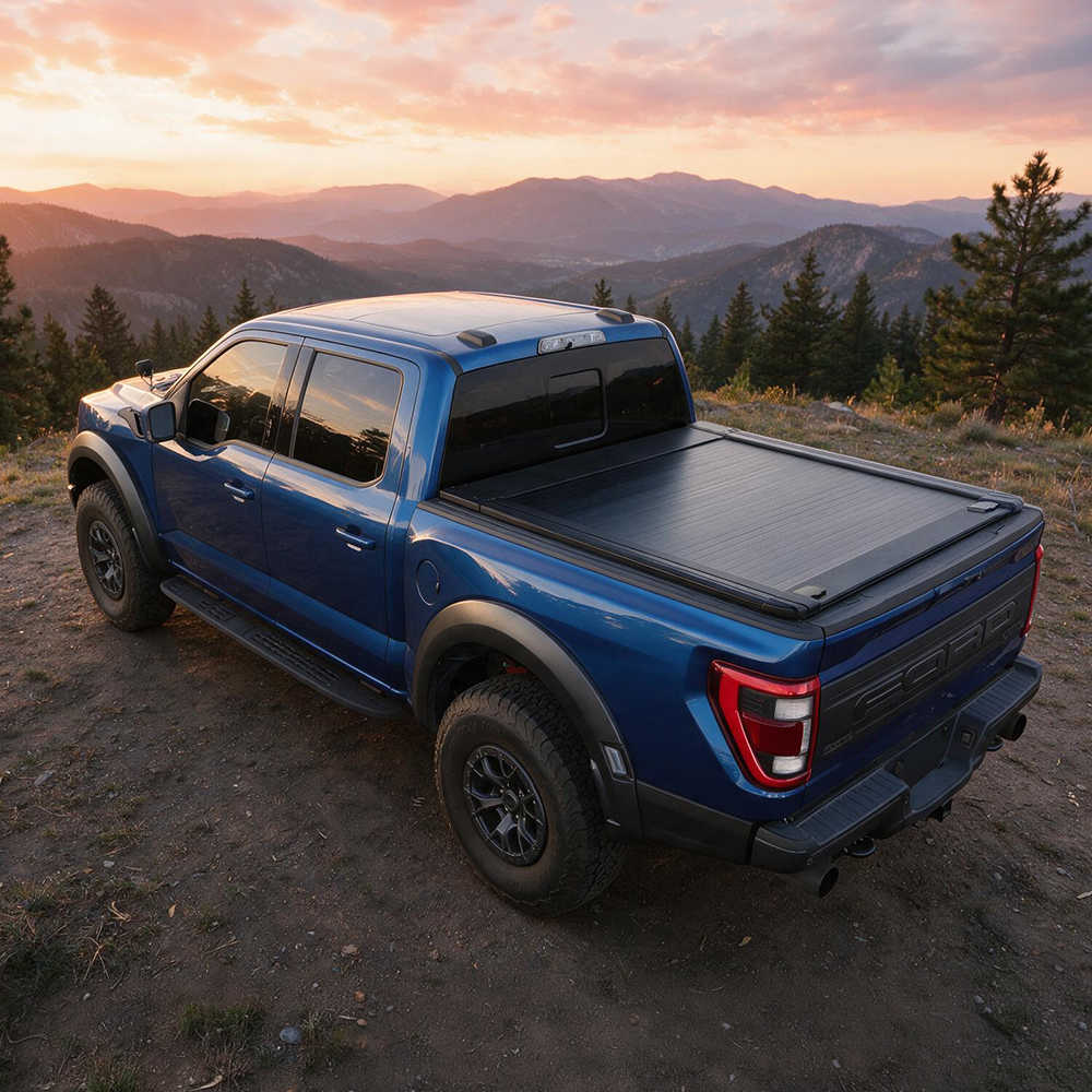 A blue Ford pickup truck with a black tonneau cover on the truck bed, parked on a dirt trail with mountains and trees in the background at sunset.