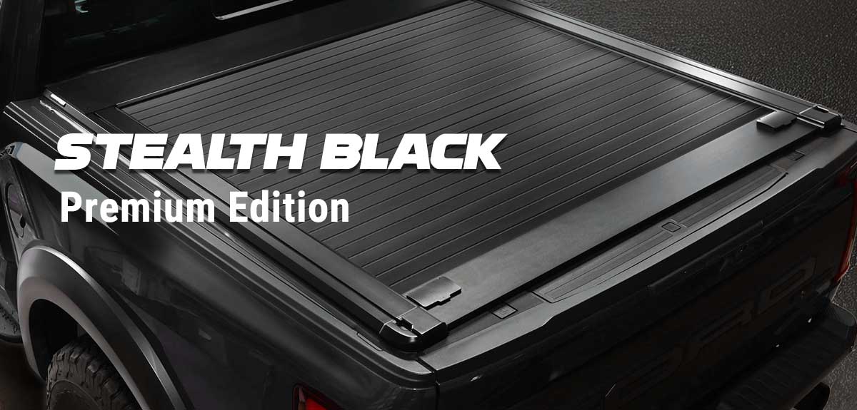 Stealth Black Premium Edition truck bed cover on a dark background