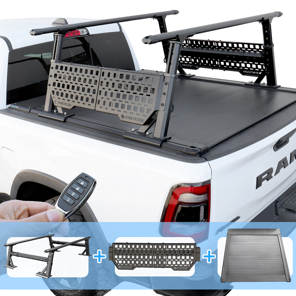 [2-in-1 Bundle] syneticusa powered Retractable Tonneau Cover with R1 ladder rack and side panel
