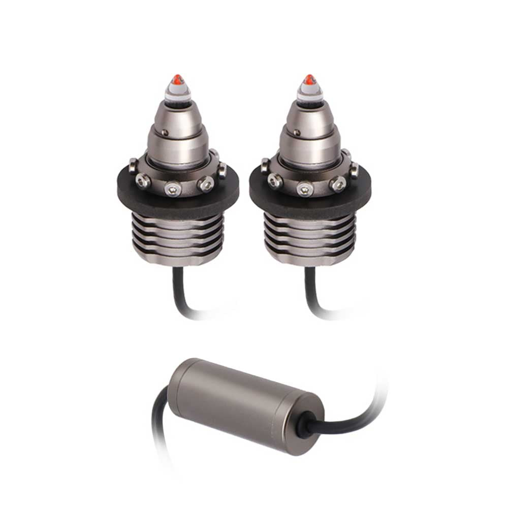 Two Bullet-Shaped CANBUS Error Free LED Turn Signal Bulbs (3157 7443 1157 Detachable) with pointed tips, circular bases, and black cables connecting to cylindrical components—precise electronic automotive equipment.
