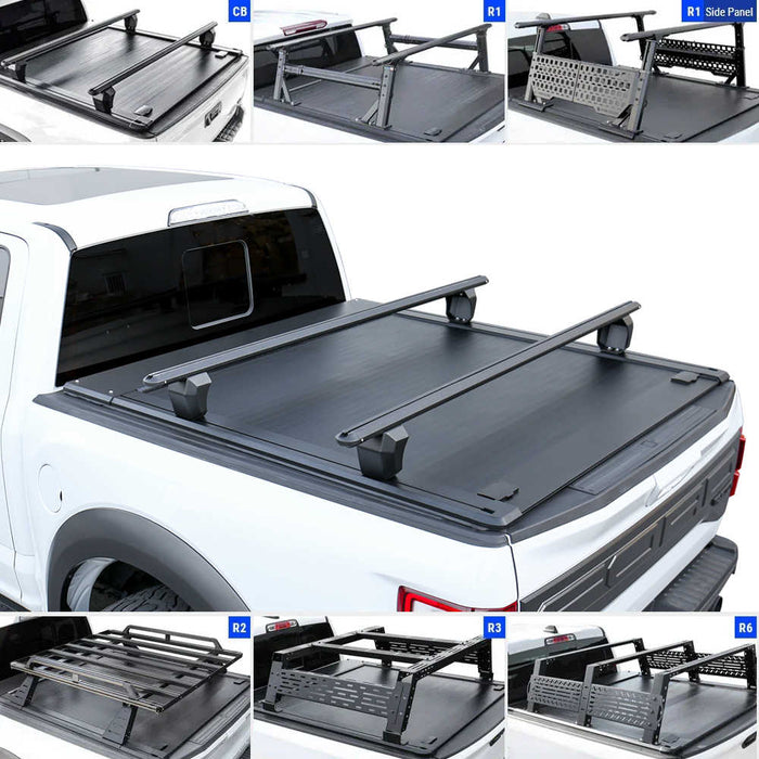 Collage of a F-150 truck bed with various roof rack systems on a white background