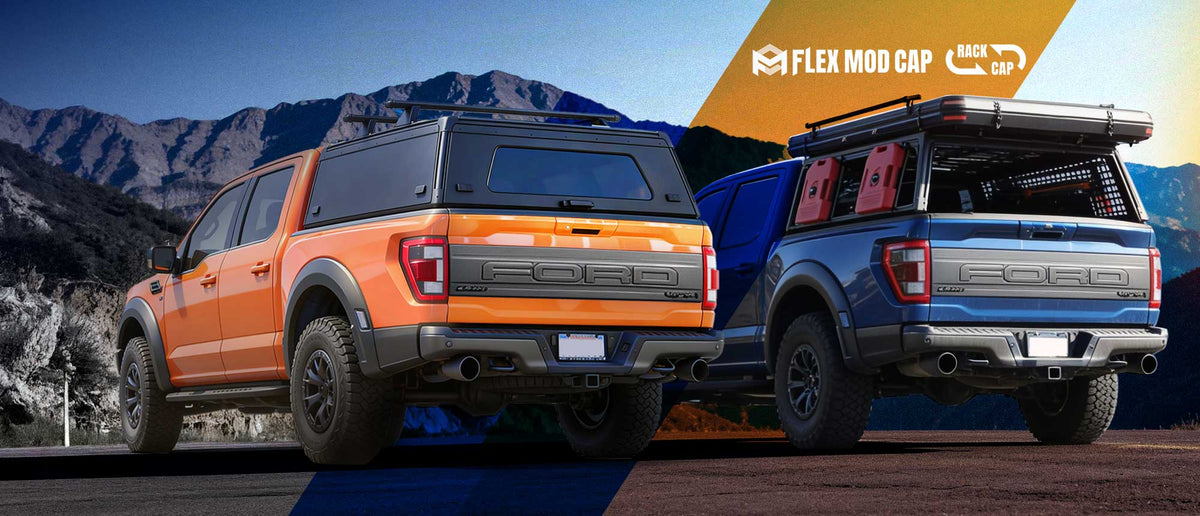 Two Ford pickup trucks with canopies shown outdoors against a mountain backdrop, with a yellow 'FLEX MOD CAP' promotional banner in the top right.