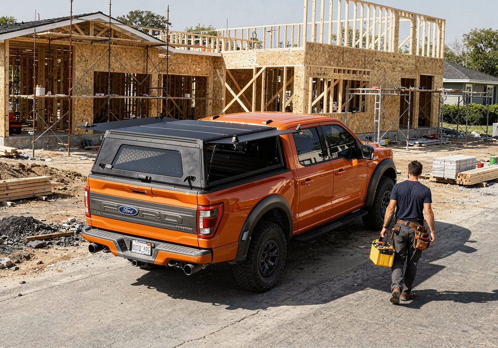 An orange Ford pickup truck with a black hardtop canopy is parked on a construction site, with a worker carrying a yellow toolbox nearby and unfinished houses in the background.
