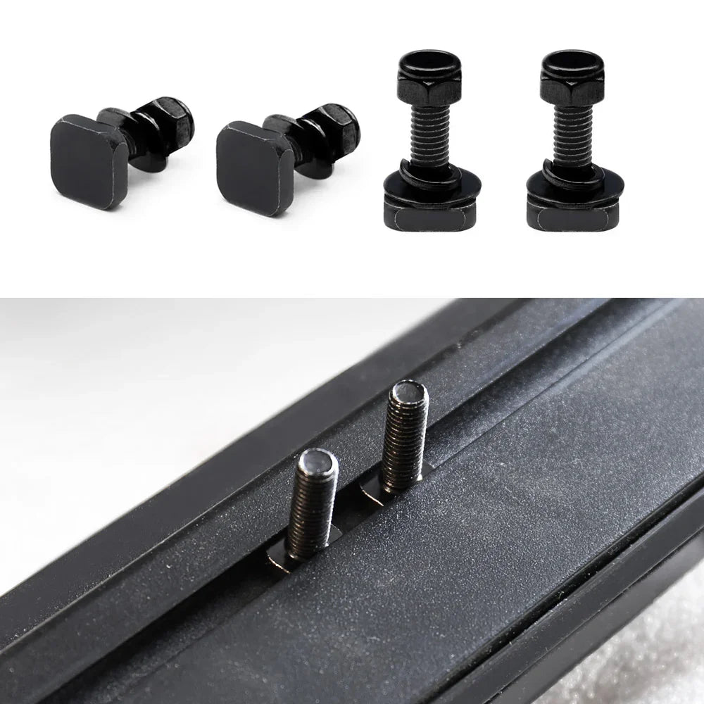 Black screws and bolts on a white background with a close-up of a metal surface with screws.